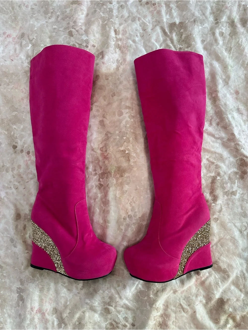 Women's Fuchsia Knee-High Wedge Boots with Glitter Accent